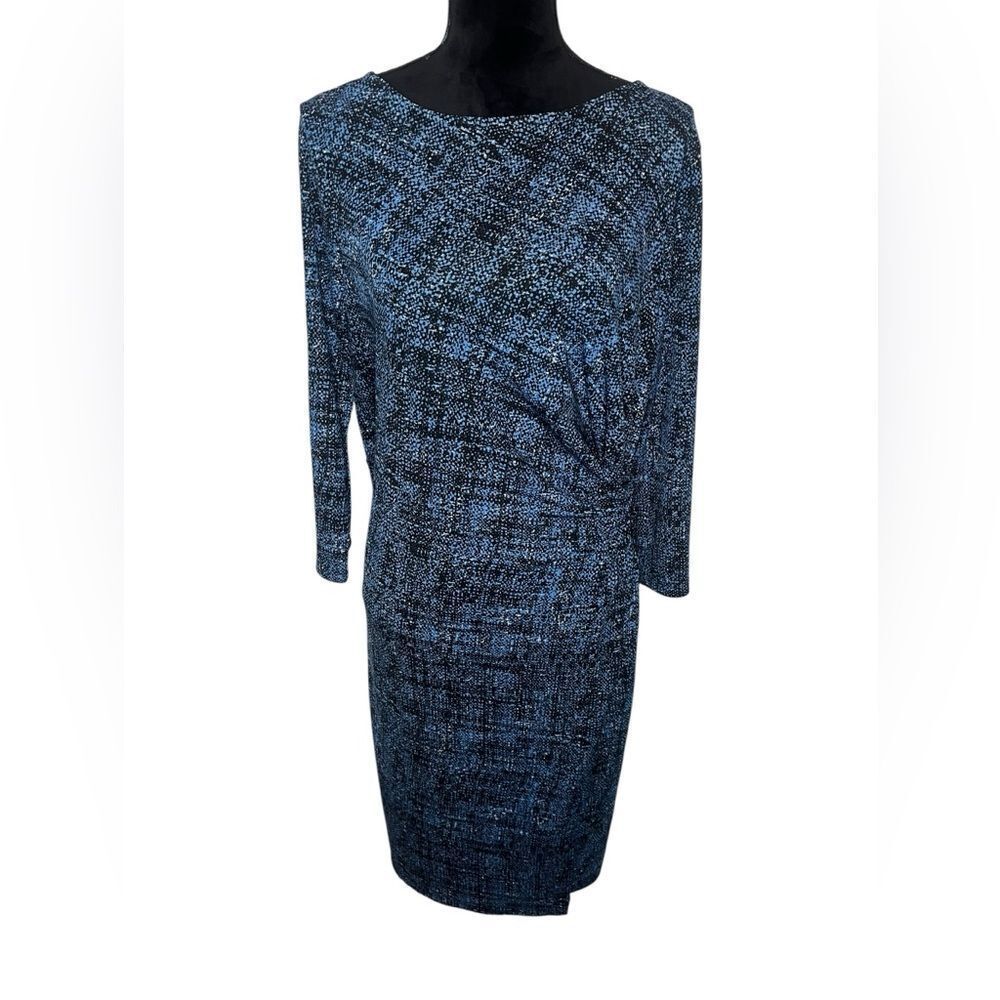 TALBOTS BLUE BLACK SPECKLED PRINTED RUCHED SHEATH DRESS WOMENS‎ SIZE XL